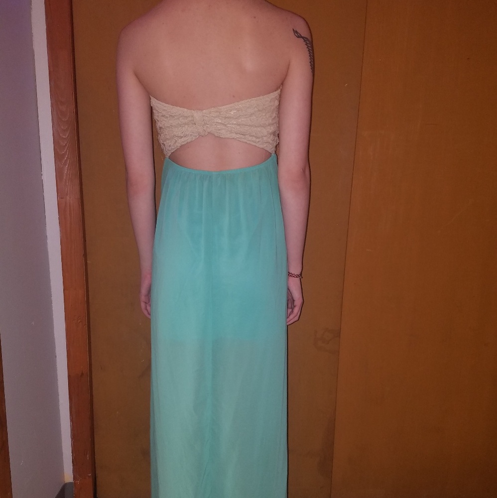 Nude & Light Blue Open Back Strapless Dress